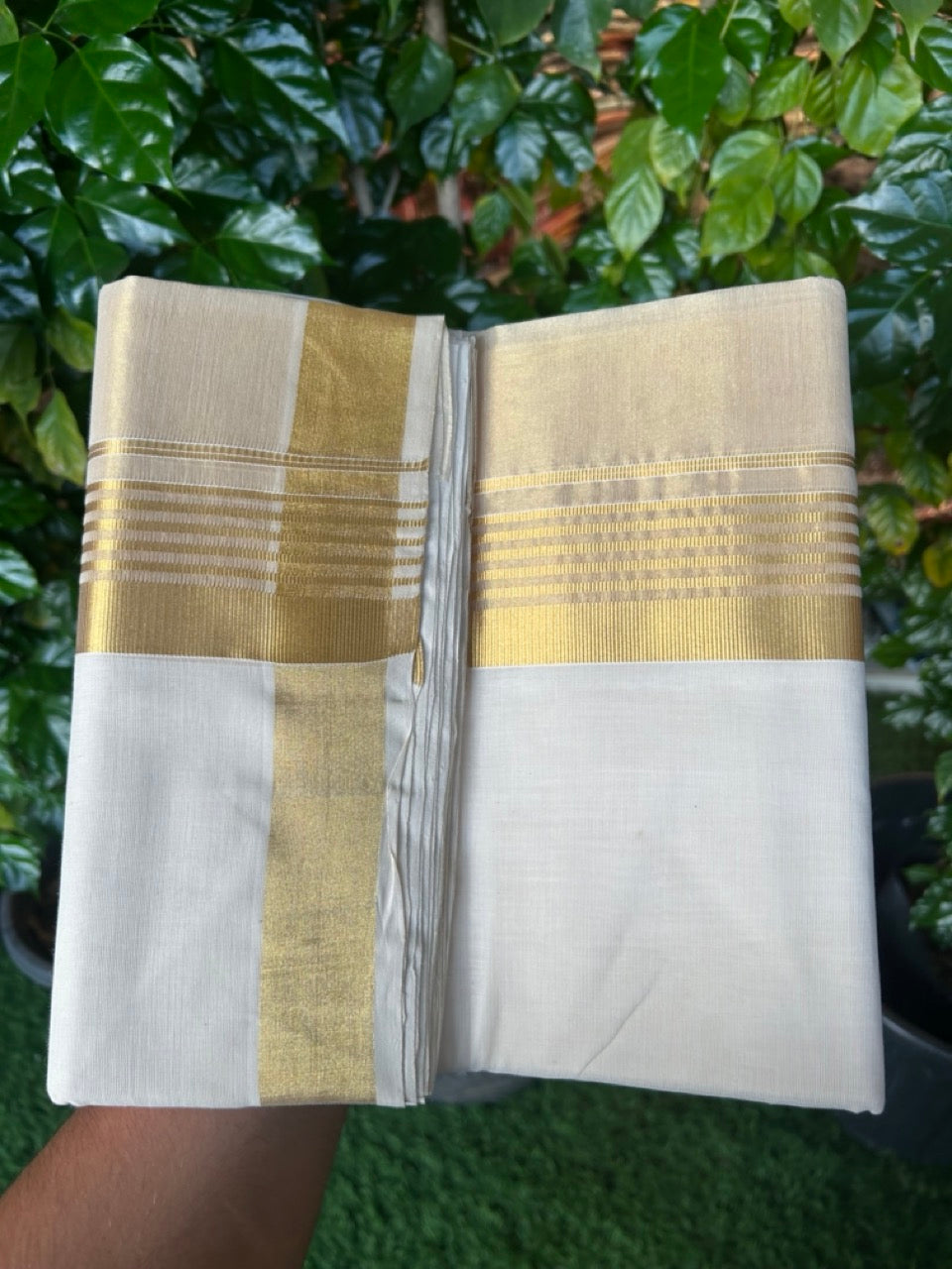 25% Discount ! KaithariKada Handloom Milpaav Balaramapuram - Pure Cotton Off White - (Unbleached) Double Mundu/Dhoti - (80X90s) - 7 inch Gold Kasav Striped & Half Tissue Kara - 103 KK5256 RAM