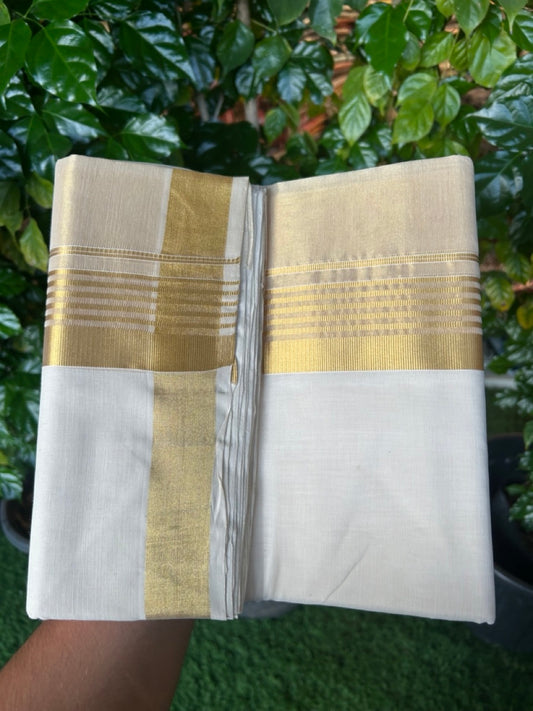 25% Discount ! KaithariKada Handloom Milpaav Balaramapuram - Pure Cotton Off White - (Unbleached) Double Mundu/Dhoti - (80X90s) - 7 inch Gold Kasav Striped & Half Tissue Kara - 103 KK5256 RAM