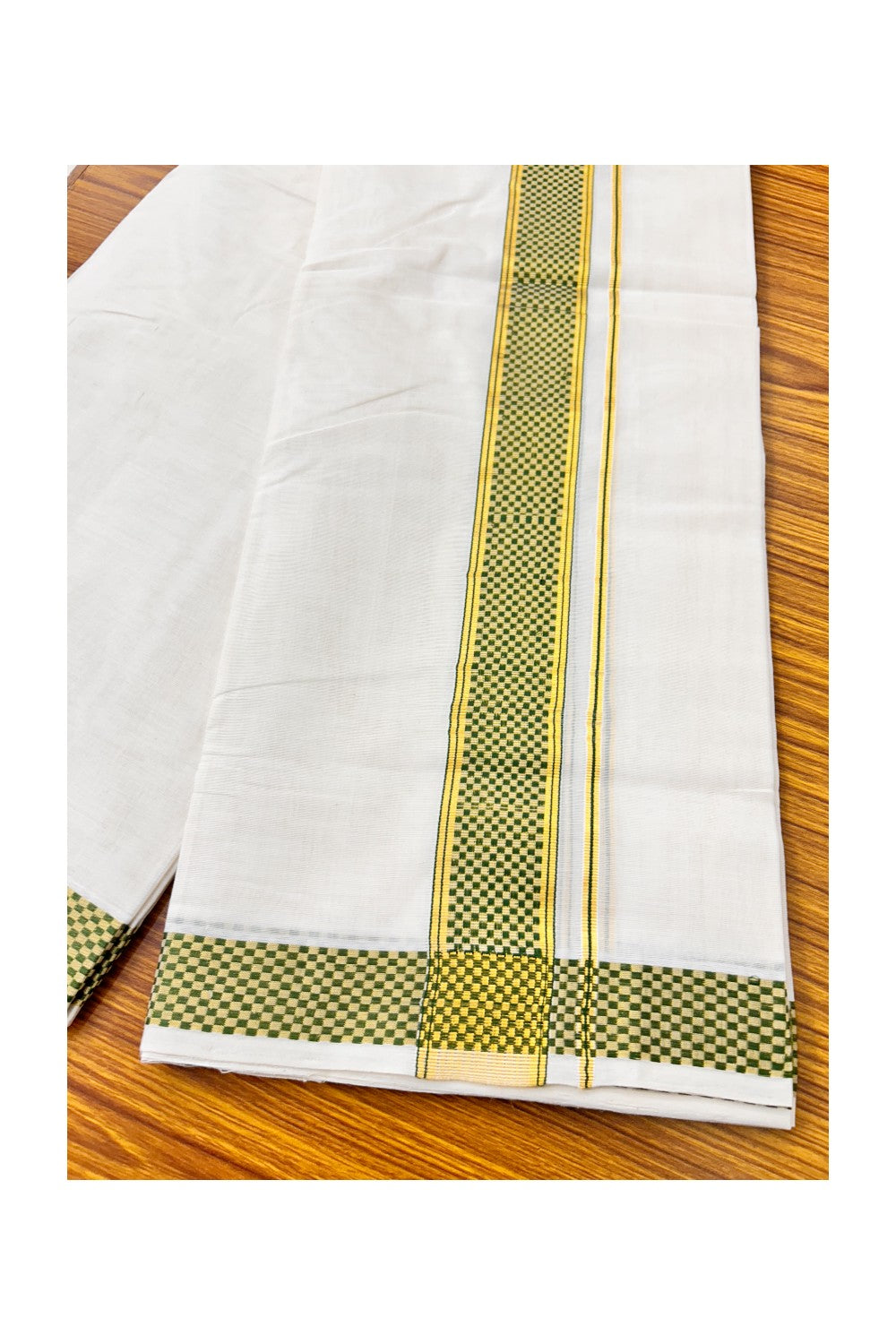 30% DISCOUNT ! KaithariKada HANDLOOM Unakkupaav Balaramapuram - 100% PURE Cotton 4.58 Meter Off White (Unbleached) Double Mundu/Dhoti - Green Check & KASAVU DESIGN 2.5 Inch KARA- ABH14