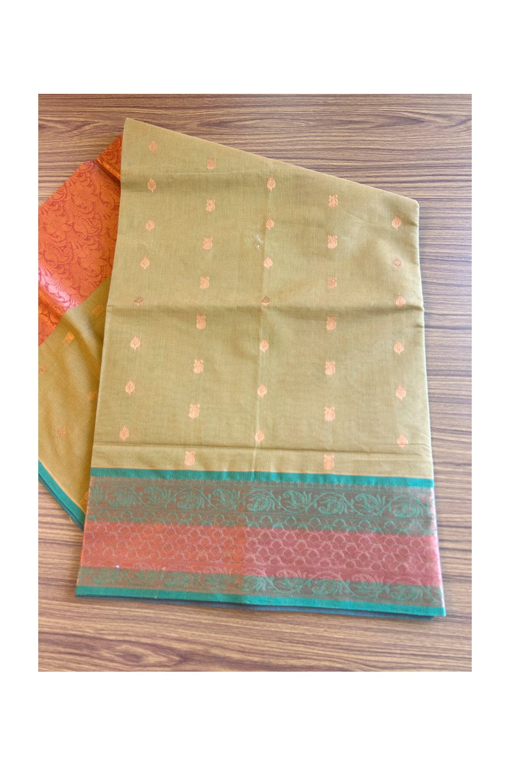 KaithariKada- Balaramapuram Saree - 100% PURE Cotton Silk -  Mustard Yellow ,Red,Green & Orange Flower Design -14KK1005PAN.