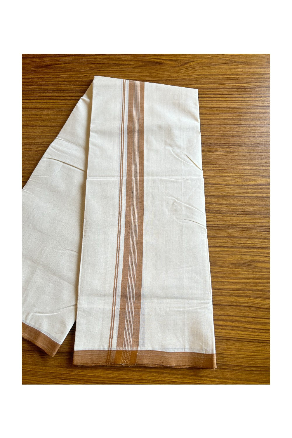 30% DISCOUNT!! KaithariKada HANDLOOM Millpaav Balaramapuram - 100% PURE Cotton OFF White - (Unbleached) Double Mundu/Dothi - 2 inch Brown white stripes mulloth kara  - 14KK462RAM