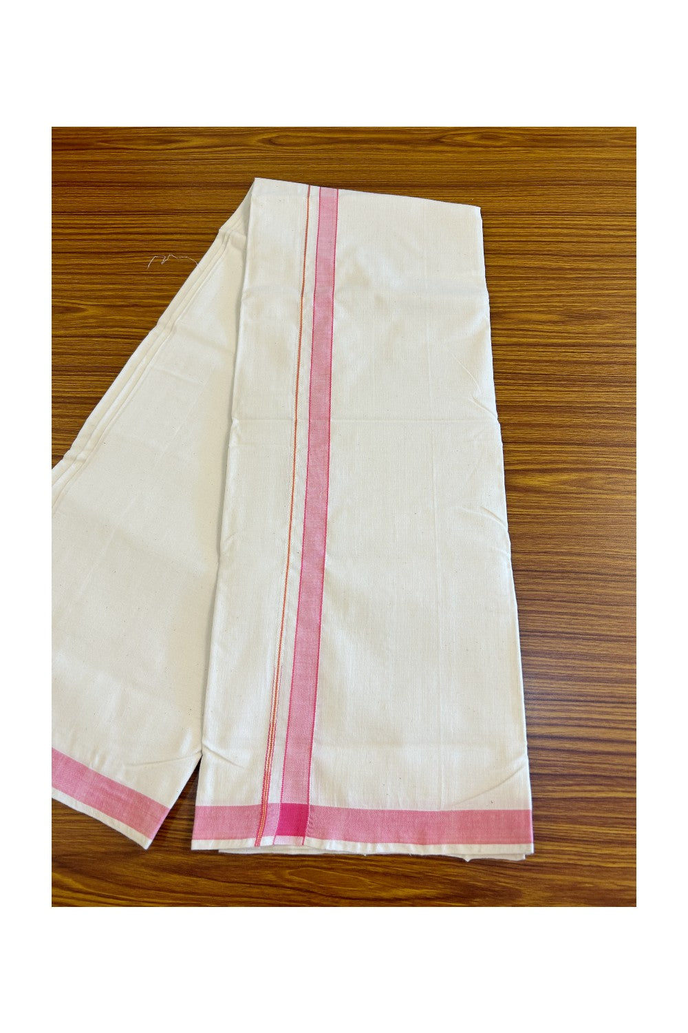 25% Discount KaithariKada 100% Cotton Balaramapuram HANDLOOM Single Mundu/Dhoti - Off White - (Unbleached) Puliyilakara chutty Kasavu & 1.25 inch Pink Kara (2 meter / 4 muzham)  - 14KK499KK