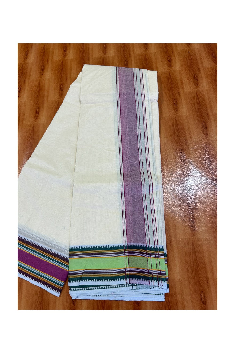 37% DISCOUNT! KaithariKada  Cotton Mix  Off White - (Unbleached) - Pure Cotton- 100x100 thread - NORTH INDIAN - ATTACHED GAMCHA 10x6 Dhoti Magenta kara with Violet Light Green & Orange Striped border -14KK5004PMC