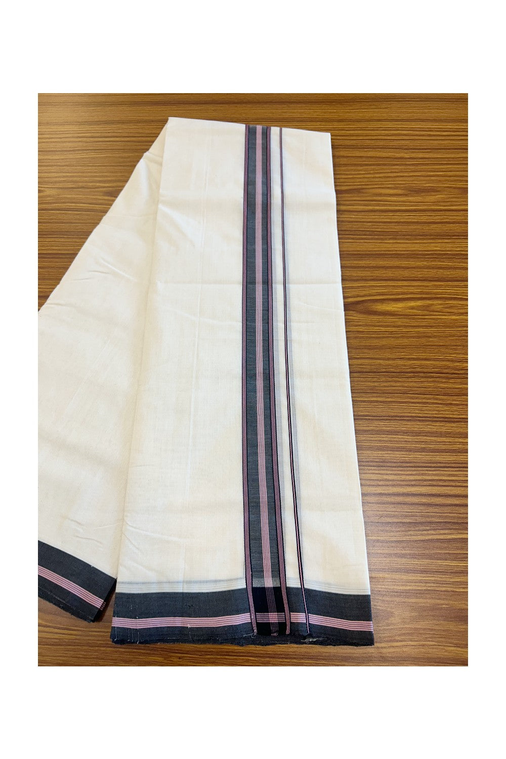 25% DISCOUNT!! KaithariKada HANDLOOM UNAKKUPAAV Balaramapuram - 100% PURE Cotton OFF White Double - (Unbleached) Mundu/Dothi - 2 inch Black & Pink Stripes Kara 3.82 meters - 14KK5049REA