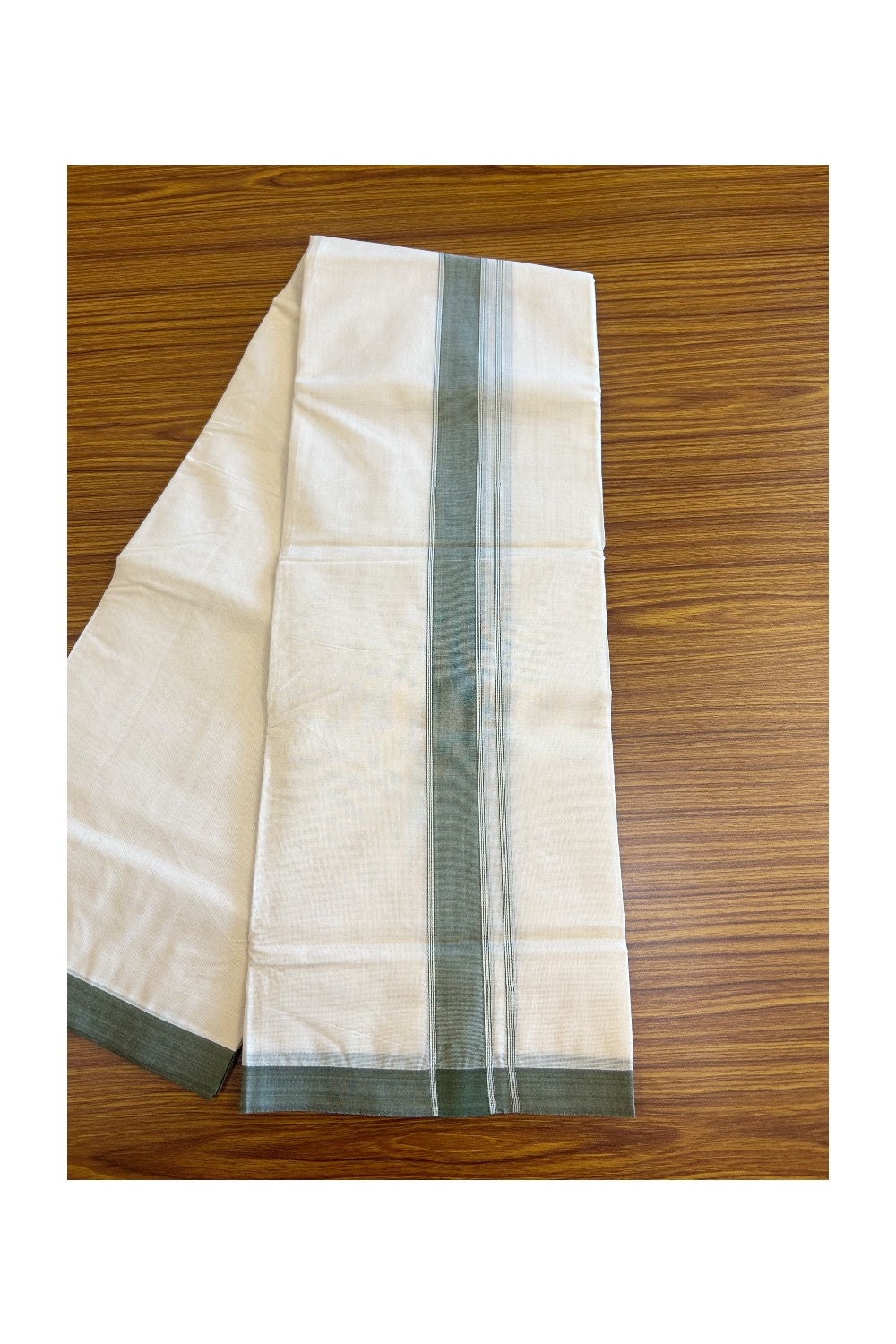 10% Discount KaithariKada Balaramapuram 100% Cotton Double Off white - (Unbleached) - Mundu/Dhoti-100x80 - 2.25.inch Seaweed Green Kara 3.75 mtr (8 Muzham)- 162
