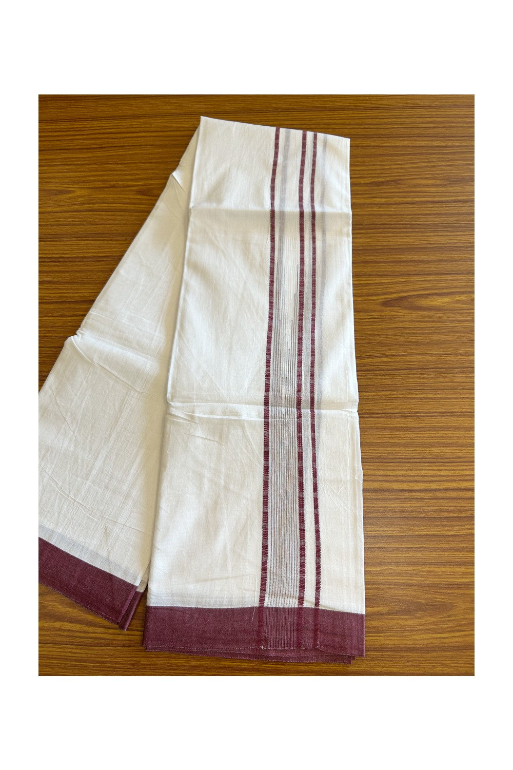 20% DISCOUNT!! KaithariKada Balaramapuram 100% Cotton PURE WHITE Double Mundu/Dhoti - 100x80 - 1.5 inch Wine Purple striped Design kara - 14KK5109THI
