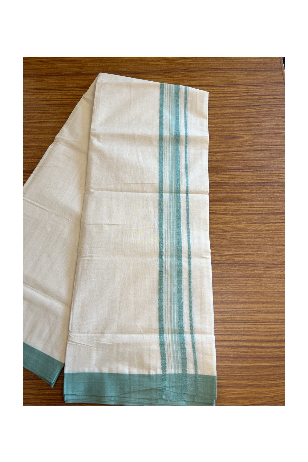 19% DISCOUNT! KaithariKada Balaramapuram 100% Cotton  Off white (Unbleached) Double Mundu/Dhoti-100x100 1.75inch Blue Green Striped Design kara - 14KK5110THI
