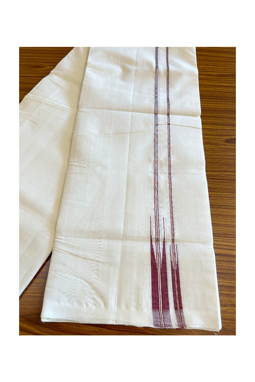 30% DISCOUNT! KaithariKada BALARAMAPURAM HANDLOOM MILLPAAV - 100% PURE Cotton Off white (Unbleached) Double Mundu/Dhoti - 1 inch Maroon & Silver Kasav Striped Double Chutty Kara - 14KK5123RAM