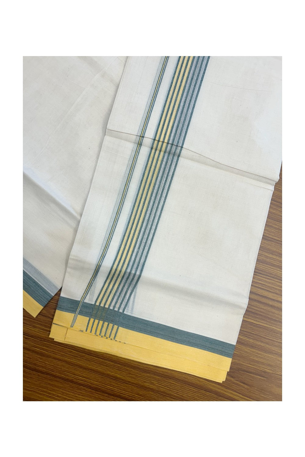 20% DISCOUNT ! KaithariKada Balaramapuram 100% Cotton Double off white (Unbleached) Mundu/Dhoti - 100X80 - 1.5 inch Silver kasavu & Yellow Green Stripes kara - 14KK5172PMC