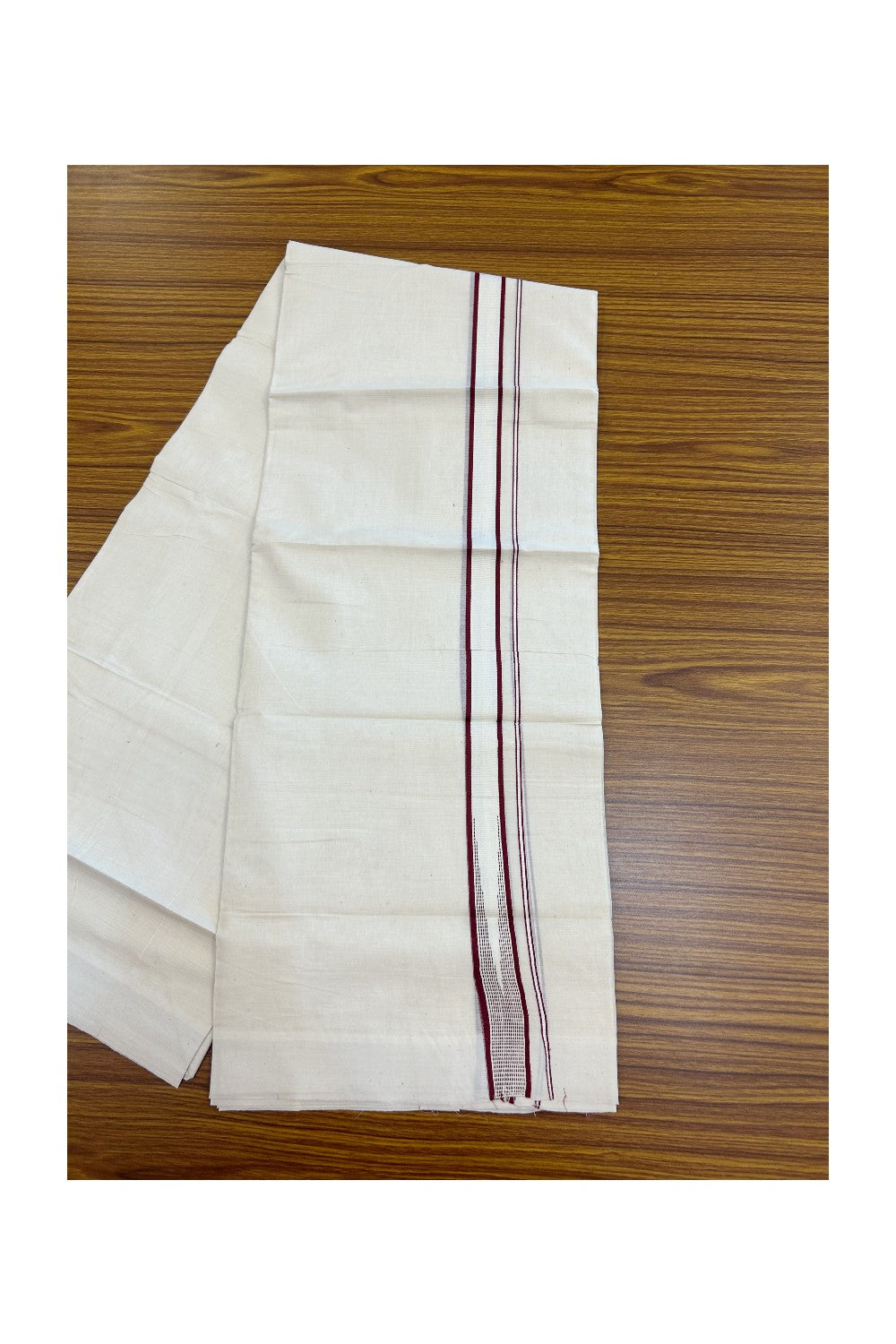20% Discount ! Kaitharikada Balaramapuram 100% Cotton Double Off white (Unbleached) Mundu/Dhoti - 100x80 - 0.75 inch Maroon Stripes Chutty Kara - 14KK5186CKS