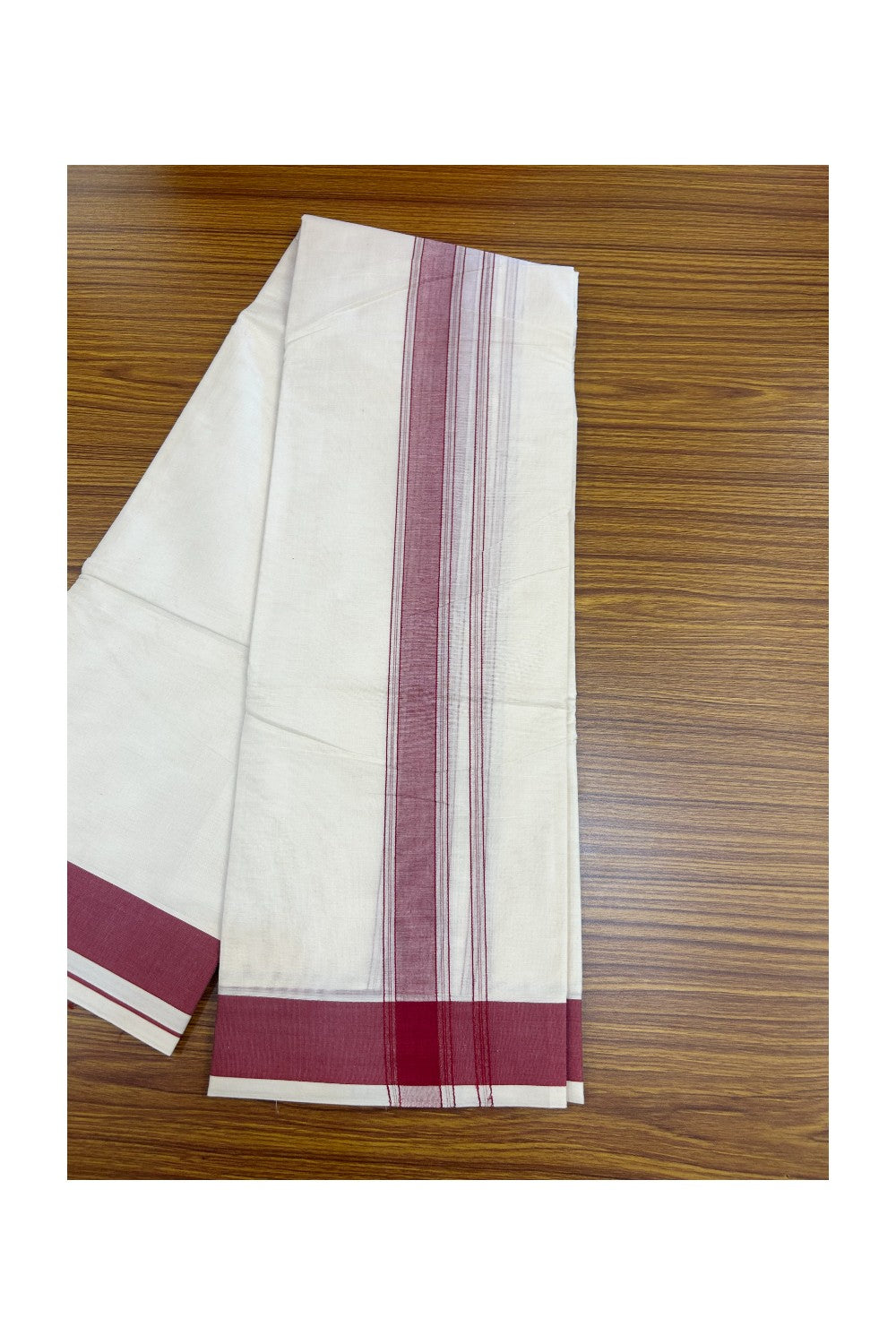 20% DISCOUNT! KaithariKada 100% Cotton Off White - (Unbleached) - Pure Cotton -100x100 thread - NORTH INDIAN - ATTACHED GAMCHA 9X5 Dhoti Maroon Striped 1.5 inch Kara- 14KK5196PMC