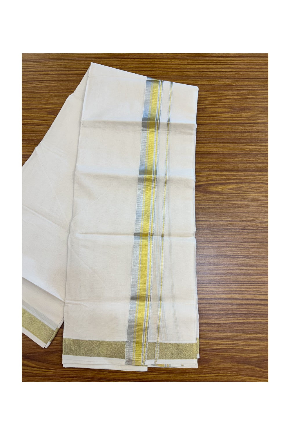 20% DISCOUNT ! KaithariKada Balaramapuram - 100% PURE Cotton Off White - (Unbleached) Double Mundu/Dhoti - 100X80 - 1.5 inch Gold Kasavu & Silver Kasavu Striped Kara - 14KK5212 VIN