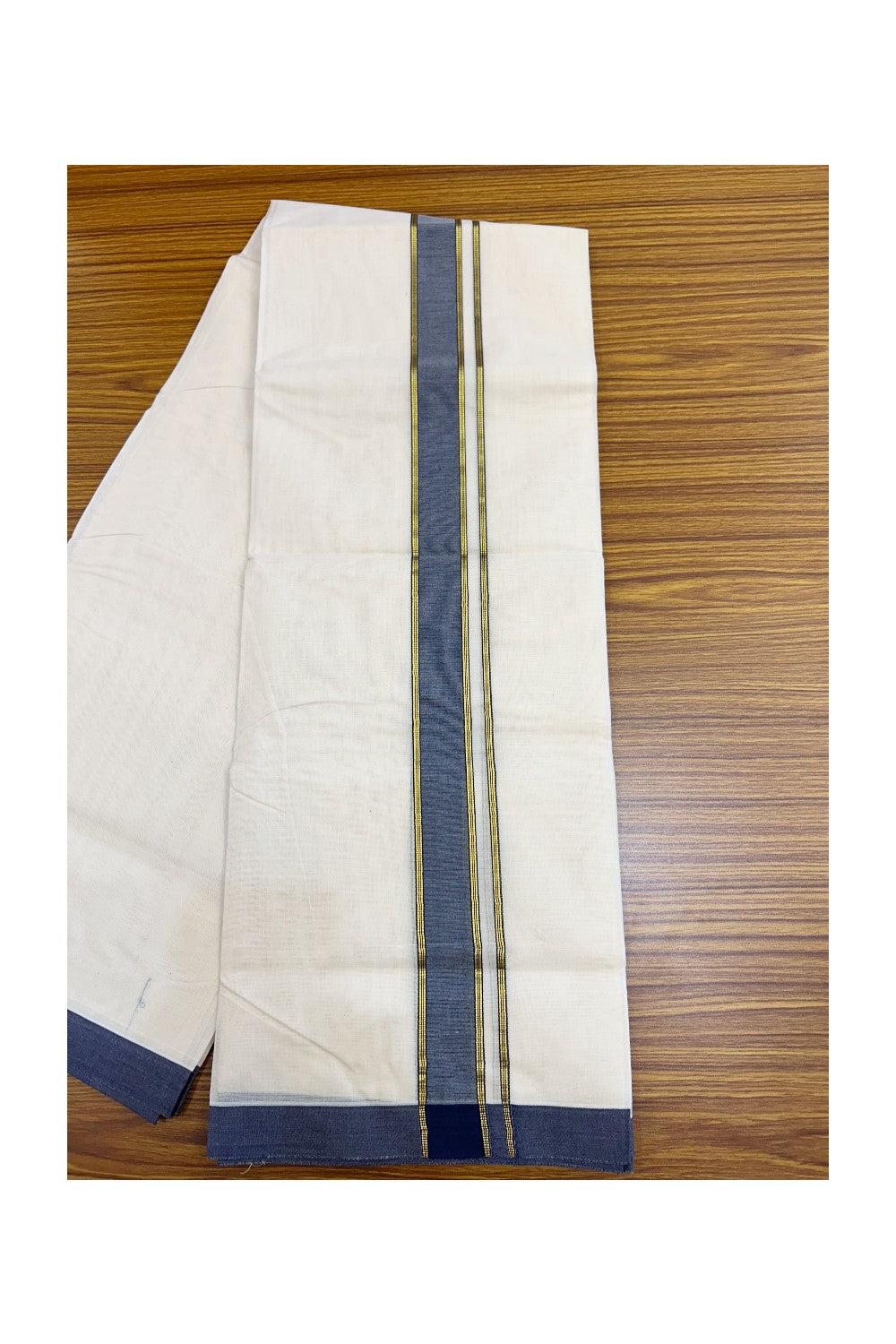 NEW !! 20% DISCOUNT!! KaithariKada Balaramapuram 100% Cotton Double Off white - (Unbleached) Mundu/Dhoti-100x80 - 1.5 inch Gold Kasavu & Blue Shaded Striped KARA - 3.75 mtr (8 Muzham) - 14KK5218 ASH