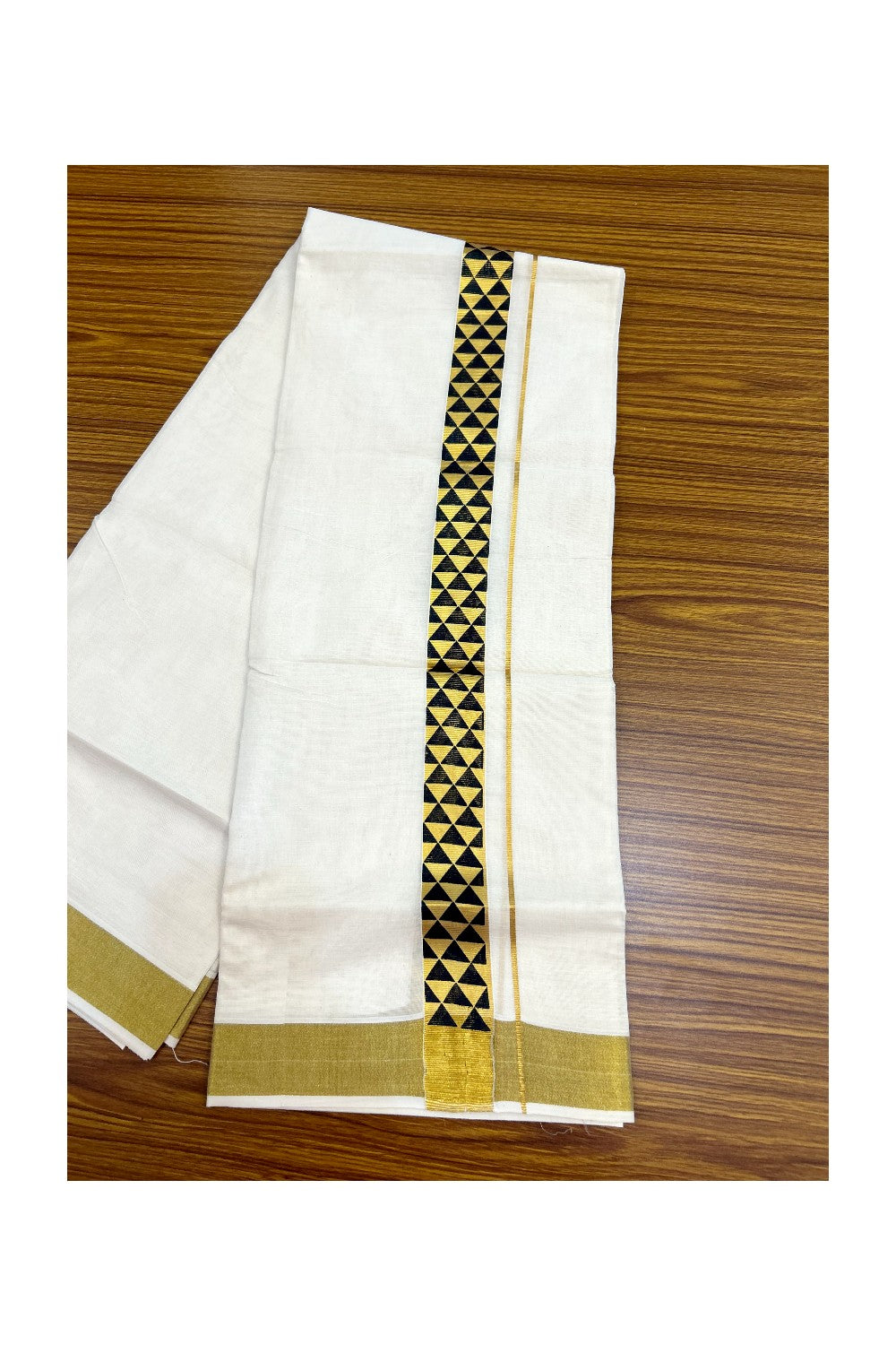 22% Discount!! KaithariKada Balaramapuram 100% Cotton DOUBLE OFF WHITE - (Ubleached) Mundu/Dhoti - 80x90 - 1.5 inch Gold Kasavu with Black Printed Design Kara - 14KK5219 GAN