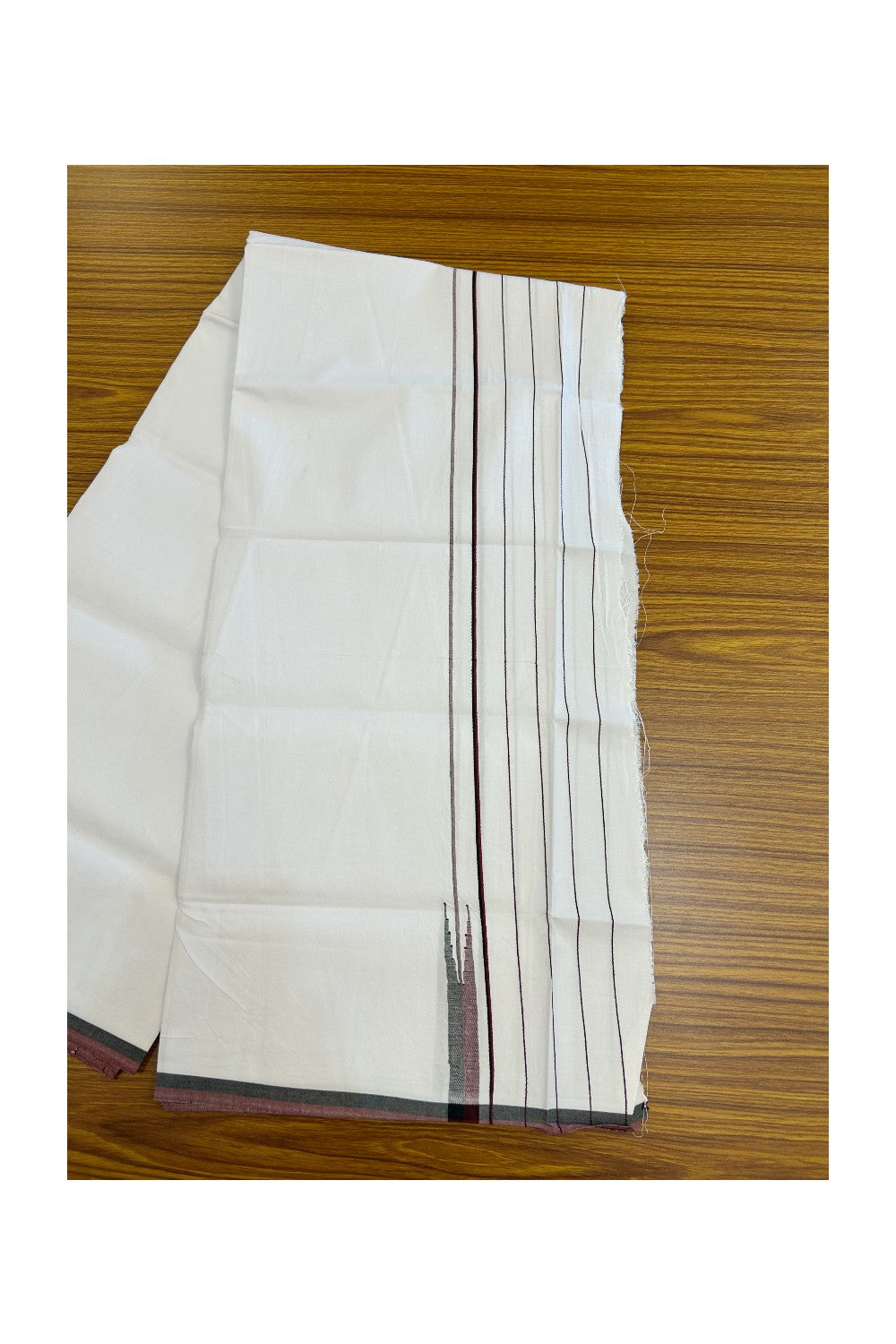 DMK Veshti - 20% Discount !! KaithariKada Balaramapuram PURE WHITE SINGLE Mundu/Dhoti - 100X100 - Puliyilakkara 5.5 inch Maroon & Black Stripes Chutty Kara (2 meter / 4 muzham) - 13KK5224 ASH