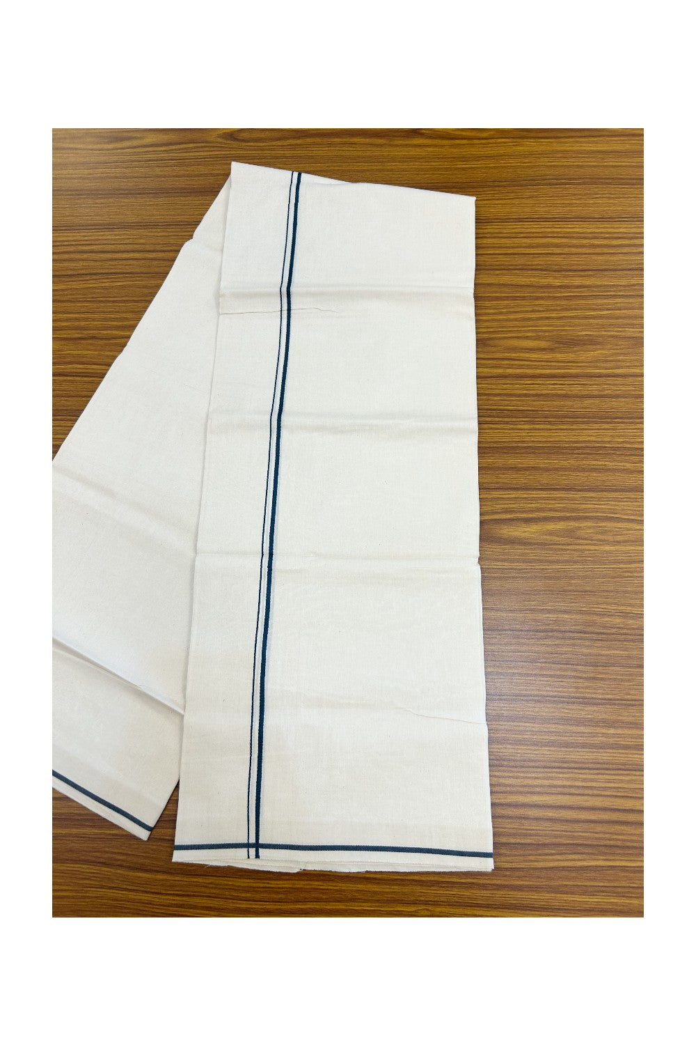 24% Discount !! KaithariKada Balaramapuram 100% Cotton Off White (Unbleached) Single Mundu/Dhoti - Twisted 60s Thread - 0.5 cm Peacock Blue Kara (2 meter / 4 muzham) - 13KK5236 GL