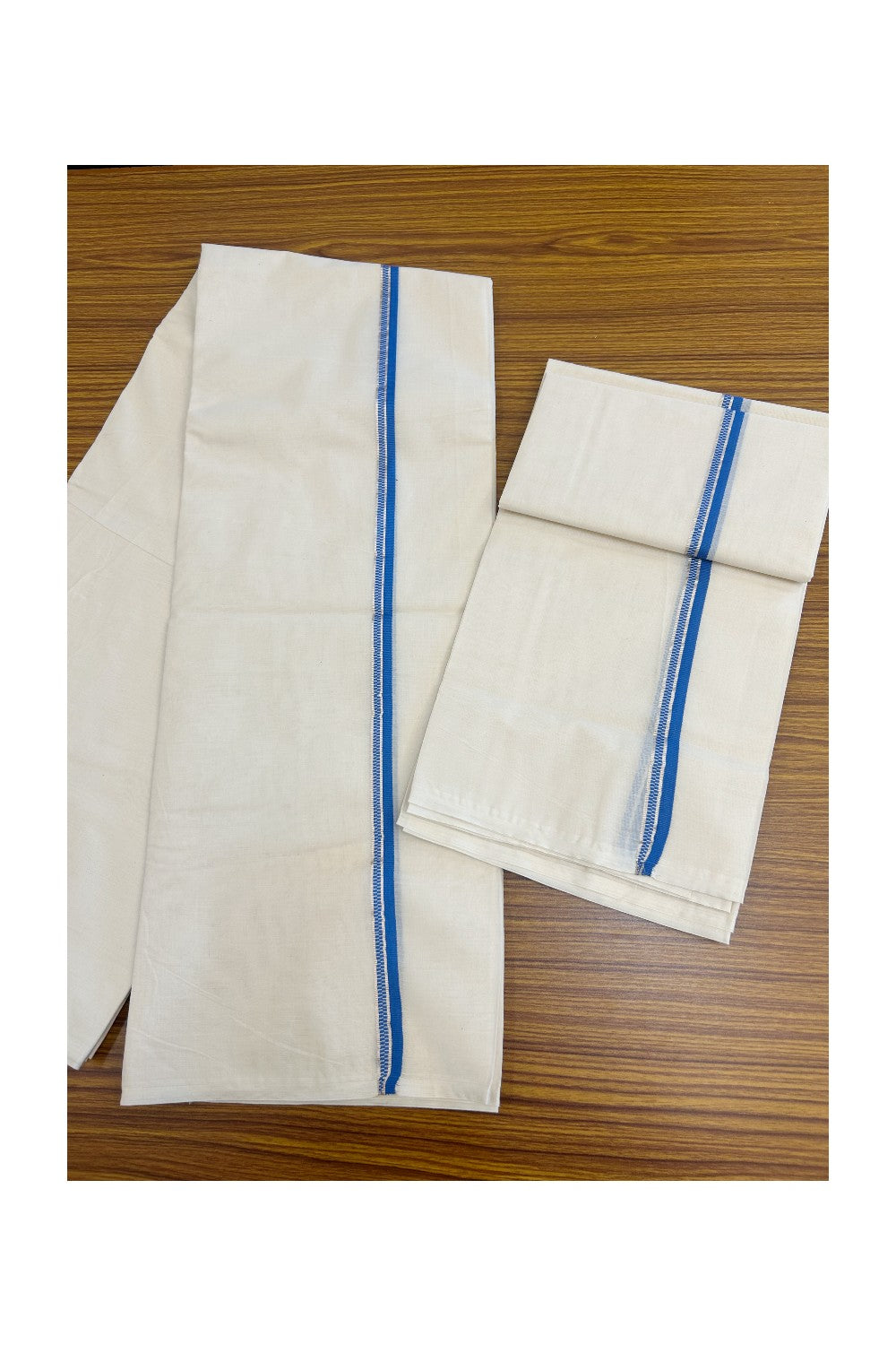 20% Discount!! KaithariKada Balaramapuram - 100% PURE Cotton Off White  (Unbleached) Mundu/Dhoti & Neriyath set - 1.5 cm Silver Kasavu & Blue Design Kara - 15KK5238 ASH