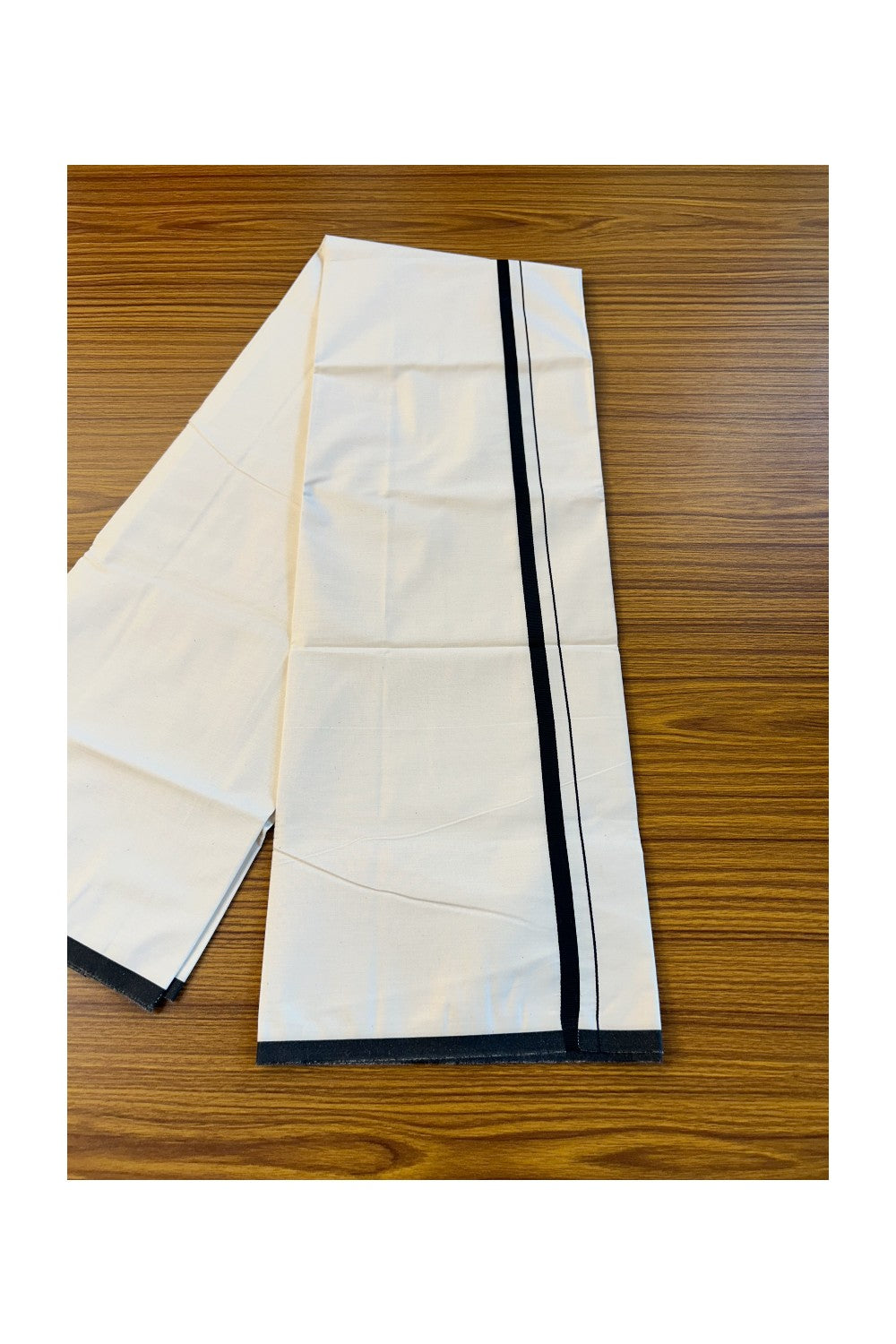 4% DISCOUNT ! KaithariKada Balaramapuram 100%  Cotton Single Off white (Unbleached) Mundu/Dhoti-(60S)- 0.5 inch (2 meter / 4 muzham) BLACK Kara - 14KK76MC.