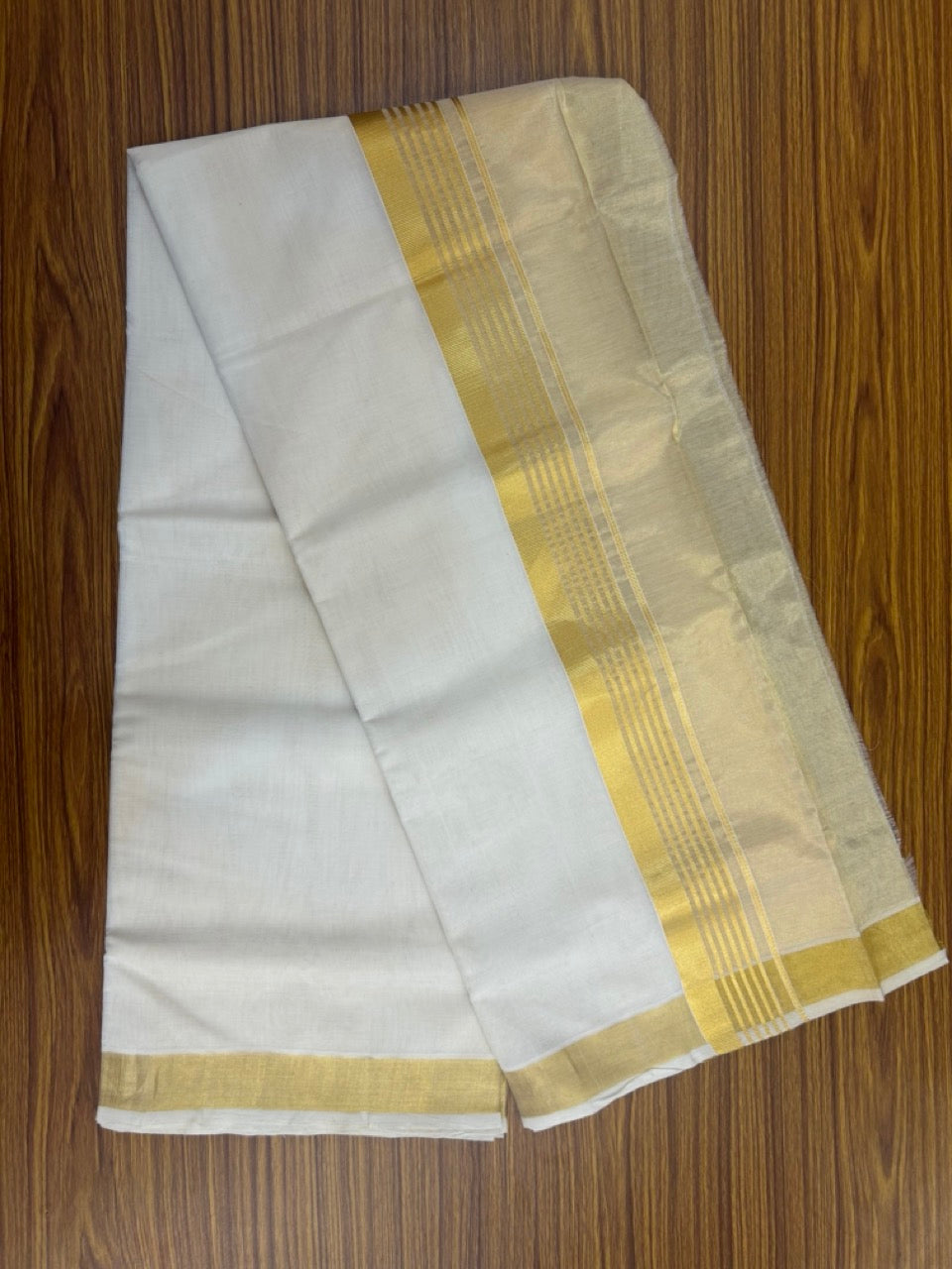 25% Discount ! KaithariKada Handloom Milpaav Balaramapuram - Pure Cotton Off White - (Unbleached) Double Mundu/Dhoti - (80X90s) - 7 inch Gold Kasav Striped & Half Tissue Kara - 103 KK5256 RAM