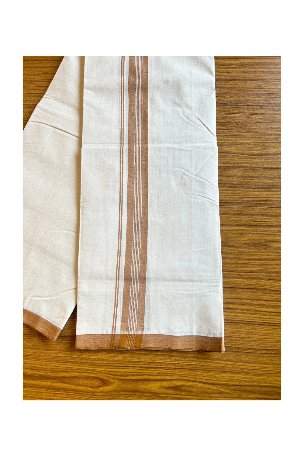 30% DISCOUNT!! KaithariKada HANDLOOM Millpaav Balaramapuram - 100% PURE Cotton OFF White - (Unbleached) Double Mundu/Dothi - 2 inch Brown white stripes mulloth kara  - 14KK462RAM