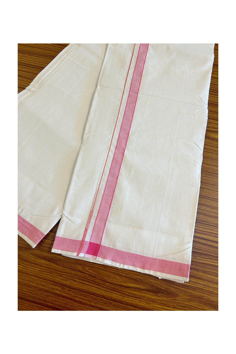 25% Discount KaithariKada 100% Cotton Balaramapuram HANDLOOM Single Mundu/Dhoti - Off White - (Unbleached) Puliyilakara chutty Kasavu & 1.25 inch Pink Kara (2 meter / 4 muzham)  - 14KK499KK