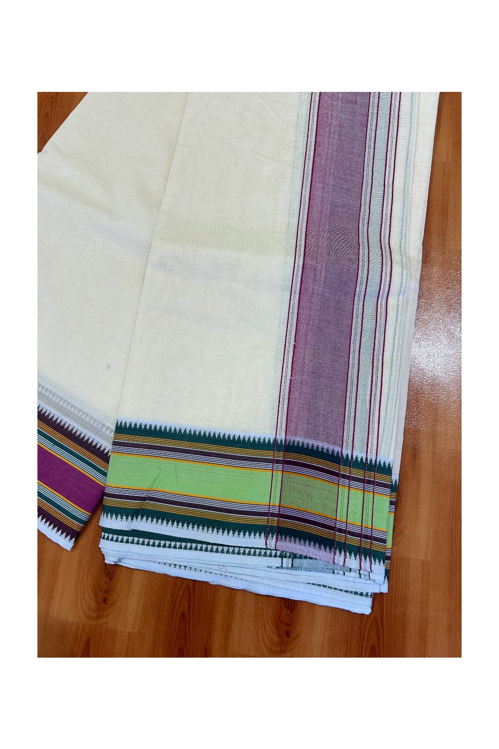 37% DISCOUNT! KaithariKada  Cotton Mix  Off White - (Unbleached) - Pure Cotton- 100x100 thread - NORTH INDIAN - ATTACHED GAMCHA 10x6 Dhoti Magenta kara with Violet Light Green & Orange Striped border -14KK5004PMC