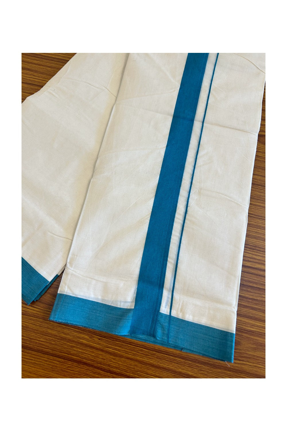 10% Discount!!! KaithariKada Balaramapuram 100% Cotton Double Off white - (Unbleached) Mundu/Dhoti-100x100 2  inch Peacock Blue Kara - 14KK500KK