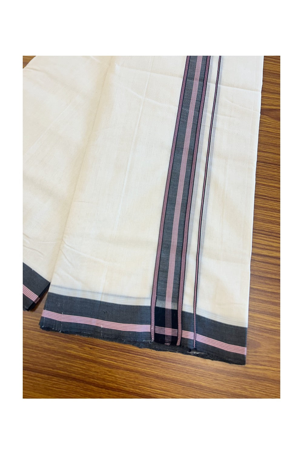 25% DISCOUNT!! KaithariKada HANDLOOM UNAKKUPAAV Balaramapuram - 100% PURE Cotton OFF White Double - (Unbleached) Mundu/Dothi - 2 inch Black & Pink Stripes Kara 3.82 meters - 14KK5049REA