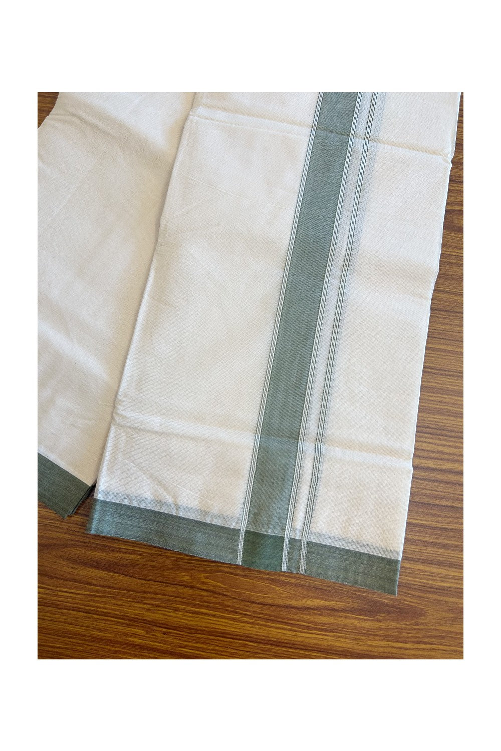 10% Discount KaithariKada Balaramapuram 100% Cotton Double Off white - (Unbleached) - Mundu/Dhoti-100x80 - 2.25.inch Seaweed Green Kara 3.75 mtr (8 Muzham)- 162