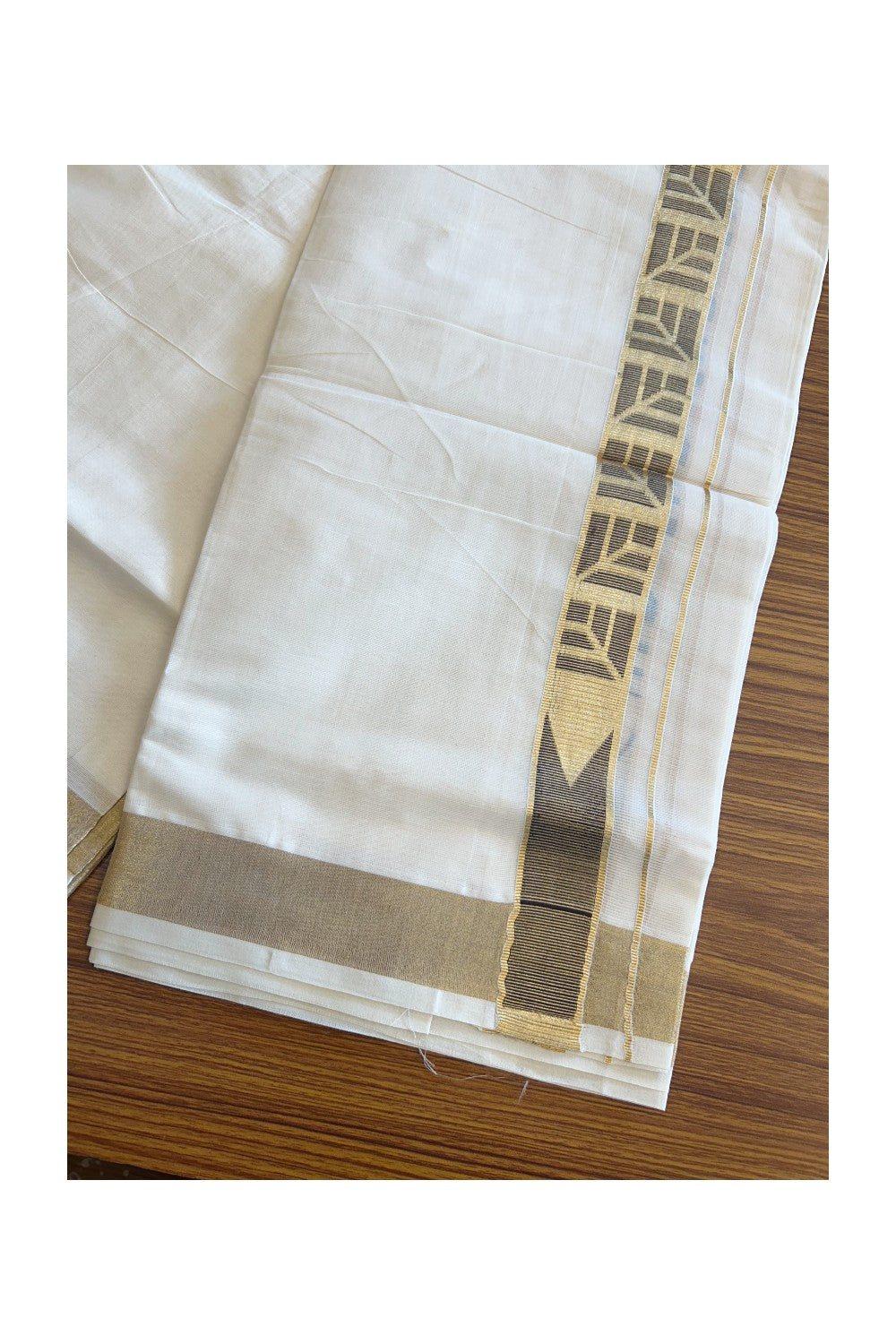 20% DISCOUNT ! KaithariKada Balaramapuram Mixed Cotton OFF White (Unbleached) Double Mundu/Dhoti - 80x80 Thread Mixed Cotton- 2.25 inch Gold kasavu & Brown jacquard design Chutty kara - 14KK5113PMC