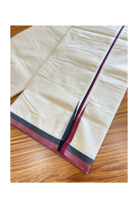 DMK Veshti - 28% DISCOUNT! KaithariKada 100% Cotton off white Double - (Unbleached) Mundu/Dhoti - 100X100 - 2 cm Puliyilakkara Black & Maroon chutty - 13KK5120ASH