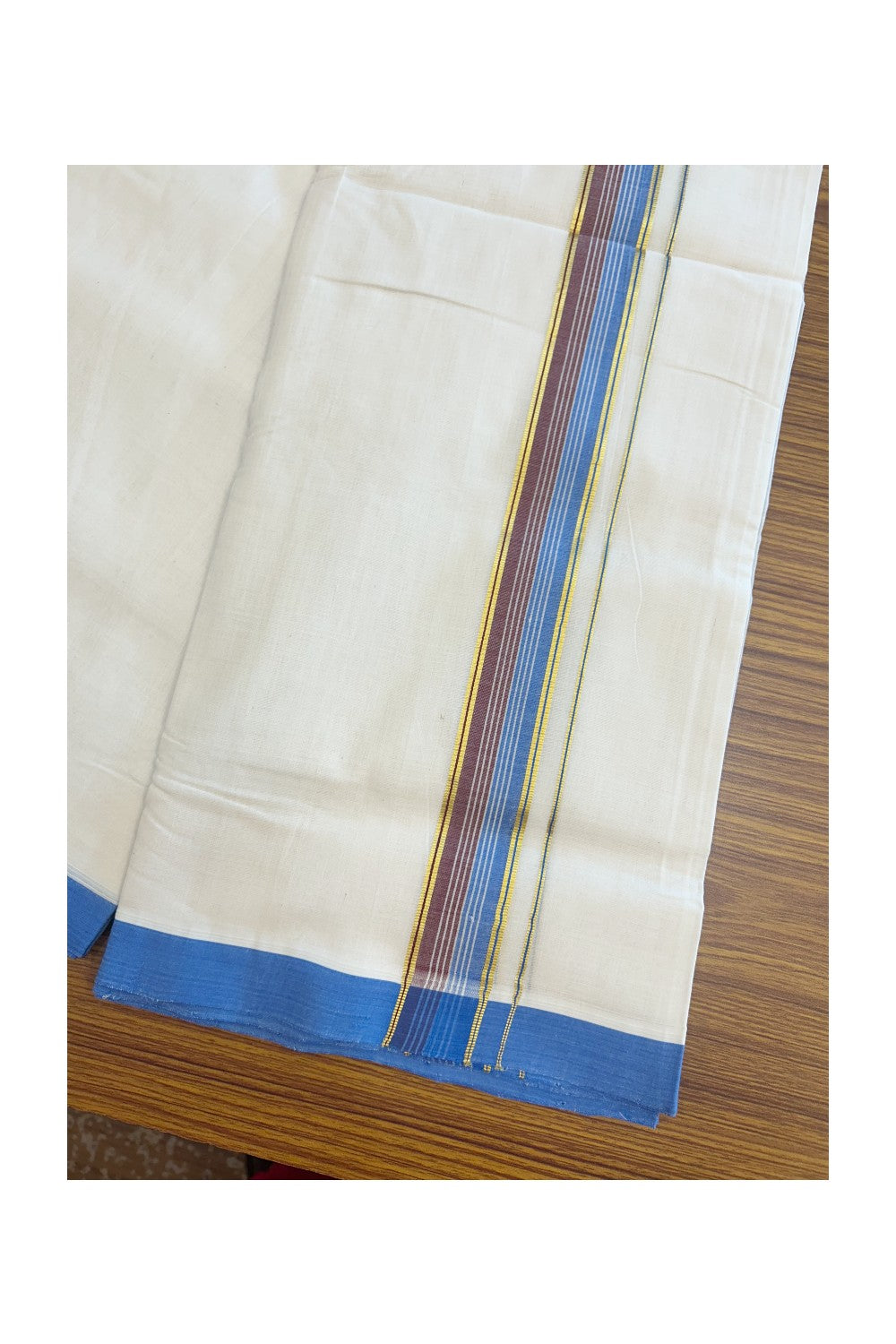 27% DISCOUNT! KaithariKada BALARAMAPURAM HANDLOOM UNAKKUPAAV - 100% PURE Cotton Off white (Unbleached) Double Mundu/Dhoti - 1.5 inch Gold Kasavu & Blue Brown Striped Kara (8 Muzham) - 16KK5161SOM