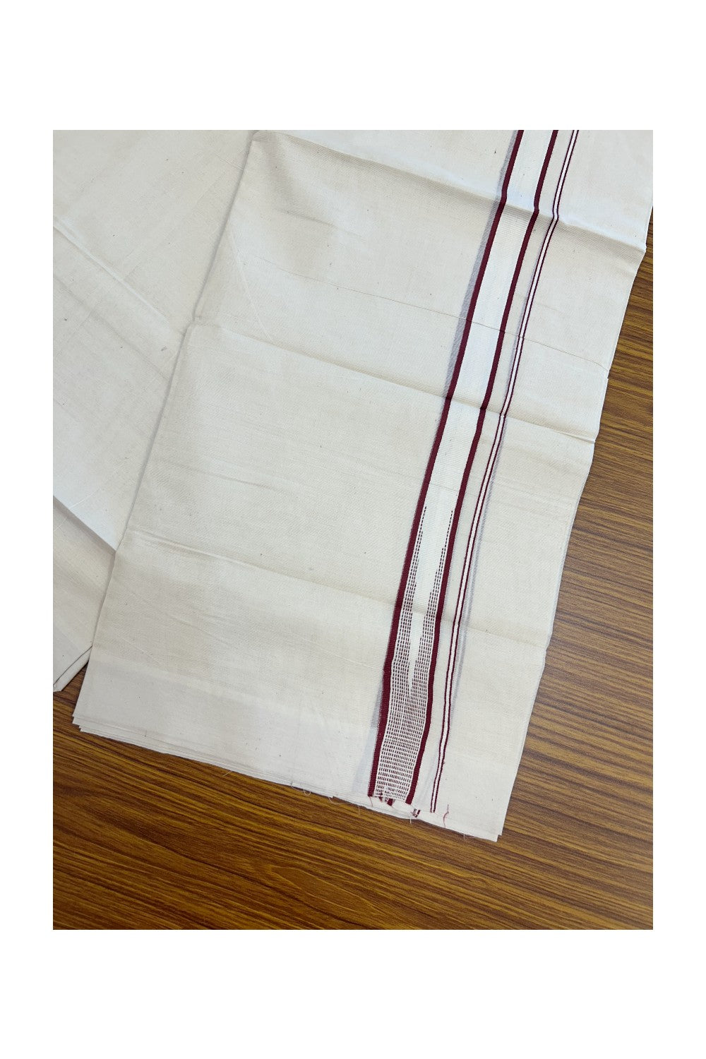 20% Discount ! Kaitharikada Balaramapuram 100% Cotton Double Off white (Unbleached) Mundu/Dhoti - 100x80 - 0.75 inch Maroon Stripes Chutty Kara - 14KK5186CKS