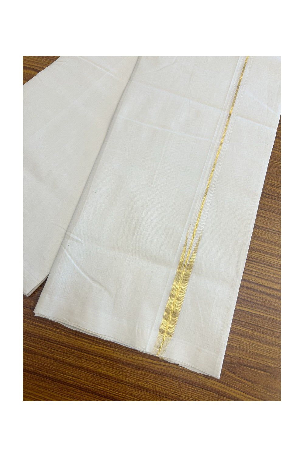 25% DISCOUNT!! KaithariKada HANDLOOM  UNAKKUPAAV Balaramapuram - 100% PURE Cotton OFF White - (Unbleached) Double Mundu/Dothi - 100 s warp x 80s weft - 0.75 inch Puliyilakkara Kasav Chutty - 14KK5200REA