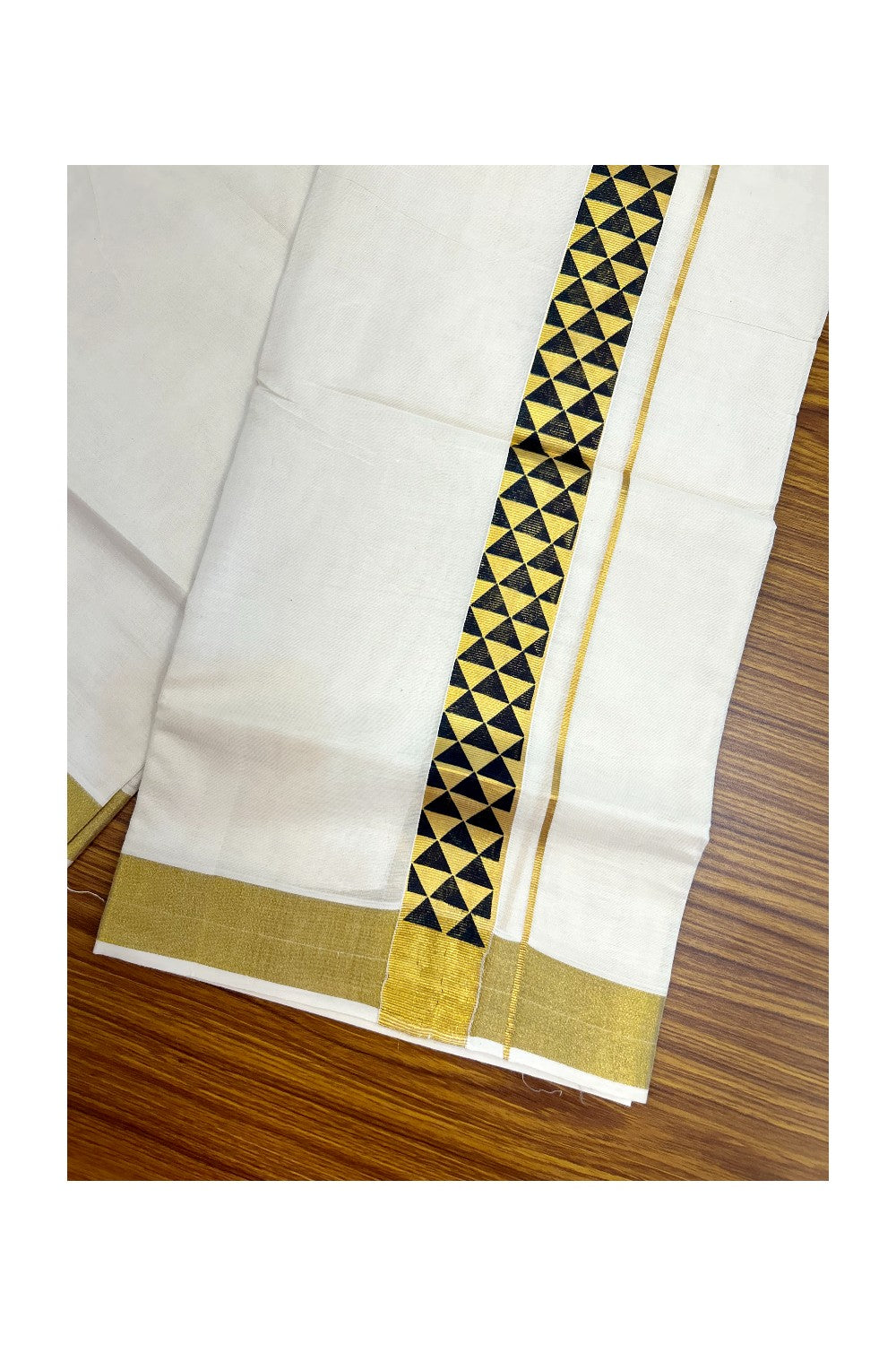 22% Discount!! KaithariKada Balaramapuram 100% Cotton DOUBLE OFF WHITE - (Ubleached) Mundu/Dhoti - 80x90 - 1.5 inch Gold Kasavu with Black Printed Design Kara - 14KK5219 GAN
