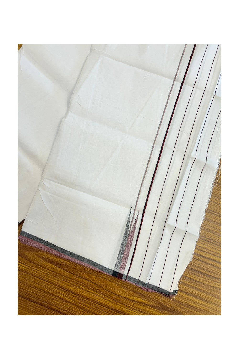 DMK Veshti - 20% Discount !! KaithariKada Balaramapuram PURE WHITE SINGLE Mundu/Dhoti - 100X100 - Puliyilakkara 5.5 inch Maroon & Black Stripes Chutty Kara (2 meter / 4 muzham) - 13KK5224 ASH