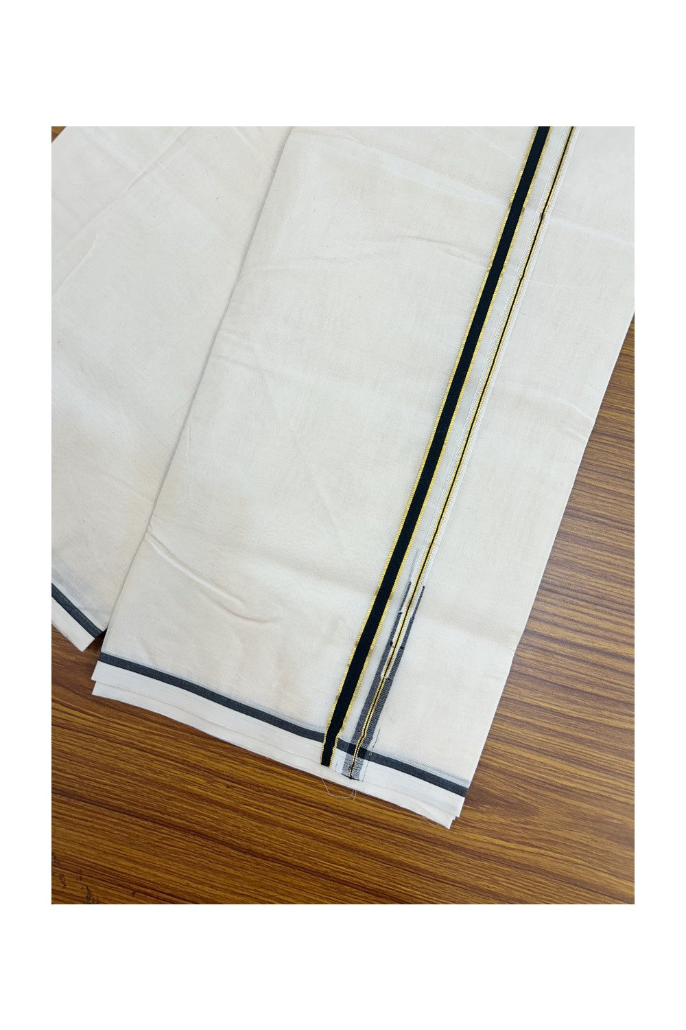 20% DISCOUNT! KaithariKada Balaramapuram 100% Cotton Double Off white - (Unbleached) Mundu/Dhoti- 100x100  0.5 inch Puliyilakkara Gold Kasavu & Black Chutty Kara - 3.86 mtr (8 muzham)- 14KK5228 ASH