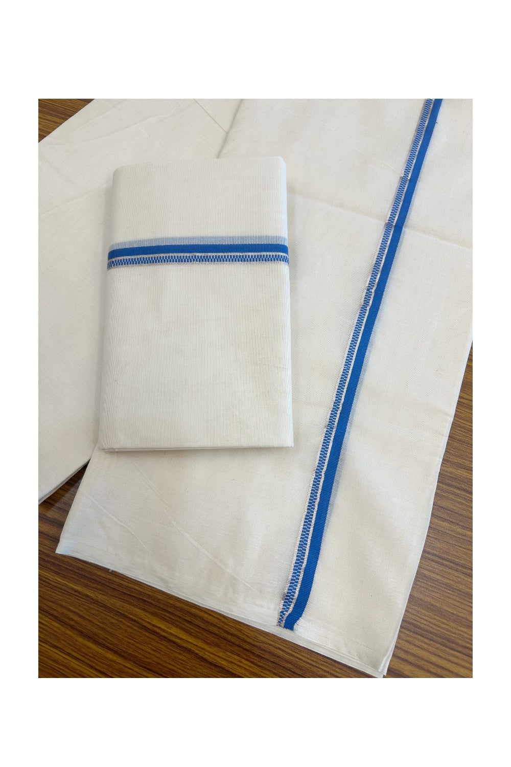 20% Discount!! KaithariKada Balaramapuram - 100% PURE Cotton Off White  (Unbleached) Mundu/Dhoti & Neriyath set - 1.5 cm Silver Kasavu & Blue Design Kara - 15KK5238 ASH