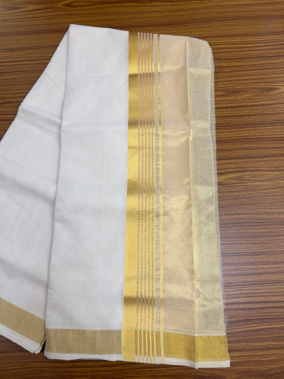 25% Discount ! KaithariKada Handloom Milpaav Balaramapuram - Pure Cotton Off White - (Unbleached) Double Mundu/Dhoti - (80X90s) - 7 inch Gold Kasav Striped & Half Tissue Kara - 103 KK5256 RAM