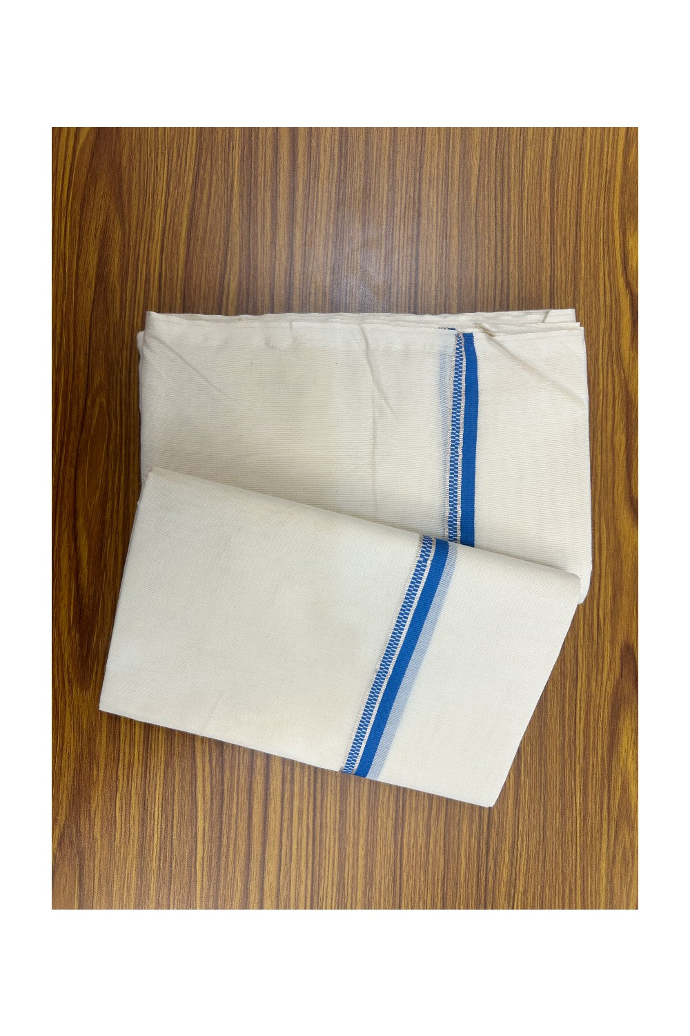 20% Discount!! KaithariKada Balaramapuram - 100% PURE Cotton Off White  (Unbleached) Mundu/Dhoti & Neriyath set - 1.5 cm Silver Kasavu & Blue Design Kara - 15KK5238 ASH