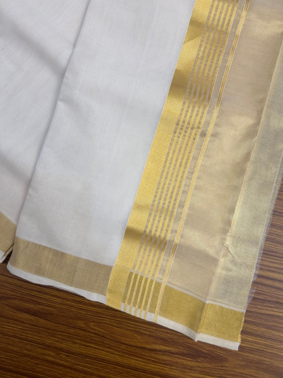 25% Discount ! KaithariKada Handloom Milpaav Balaramapuram - Pure Cotton Off White - (Unbleached) Double Mundu/Dhoti - (80X90s) - 7 inch Gold Kasav Striped & Half Tissue Kara - 103 KK5256 RAM