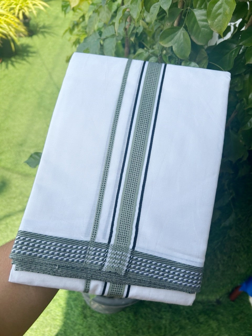 19% Discount !! Kaitharikada Balaramapuram 100% Mercerised Cotton ULTRA PURE WHITE  DOUBLE Mundu/Dothi-100x100 - 2 Inch Sage Green & Black Striped kara - 1KK5106YAR