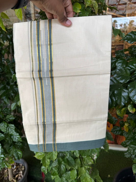19% Discount! KaithariKada Balaramapuram 100% Cotton Off white Double Mundu/Dhoti - (100x80)s - 1.5 inch Puliyilakkara Navy Blue Green Mix Stripes Chutty Gold Kasav - 140 KK5258 THI
