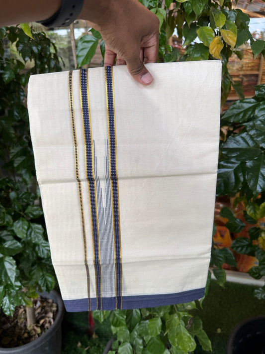19% Discount! KaithariKada Balaramapuram 100% Cotton Off white Double Mundu/Dhoti - (100x80)s - 1.5 inch Puliyilakkara Navy Blue Stripes Chutty Gold Kasav - 142 KK5258 THI