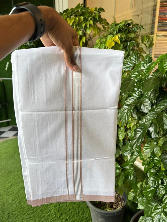 20% Discount ! Kaitharikada Balaramapuram 100% Cotton Pure White Double Mundu/Dothi - 100x80 - 0.75 inch Silver Kasav & Dusty Peach Striped Kara 4 mtr (8.5 muzham) - 60 KK5255 VAS