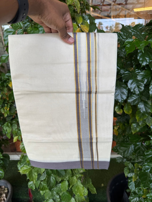 19% Discount! KaithariKada Balaramapuram 100% Cotton Off white Double Mundu/Dhoti - (100x80)s - 1.5 inch Puliyilakkara Dark Violet Stripes Chutty Gold Kasav - 141 KK5258 THI