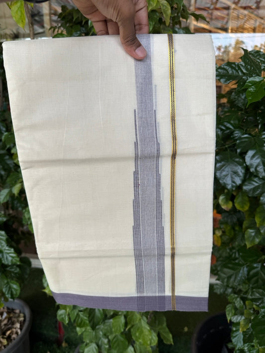 18% Discount! KaithariKada Balaramapuram 100% Cotton Off white Double Mundu/Dhoti - (100x80)s - 1.5 inch Puliyilakkara Lavender Violet Stripes Chutty Gold Kasav - 146 KK5258 THI