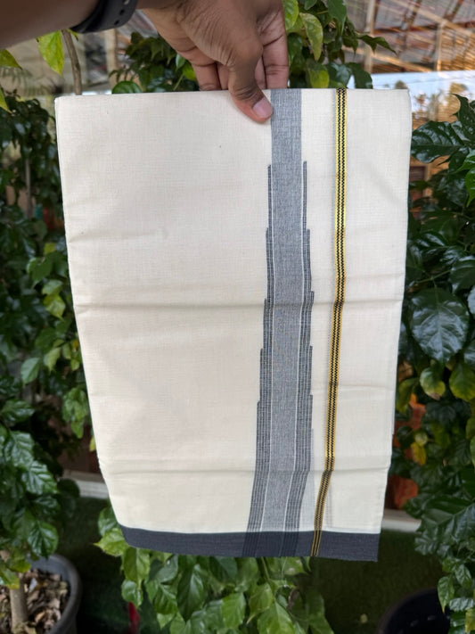 18% Discount! KaithariKada Balaramapuram 100% Cotton Off white Double Mundu/Dhoti - (100x80)s - 1.5 inch Puliyilakkara Black Stripes Chutty Gold Kasav - 147 KK5258 THI