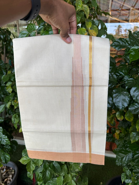 18% Discount! KaithariKada Balaramapuram 100% Cotton Off white Double Mundu/Dhoti - (100x80)s - 1.5 inch Puliyilakkara Peach Brown Stripes Chutty Gold Kasav - 148 KK5258 THI