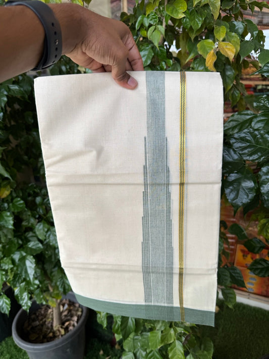 18% Discount! KaithariKada Balaramapuram 100% Cotton Off white Double Mundu/Dhoti - (100x80)s - 1.5 inch Puliyilakkara Military Green Stripes Chutty Gold Kasav - 149 KK5258 THI